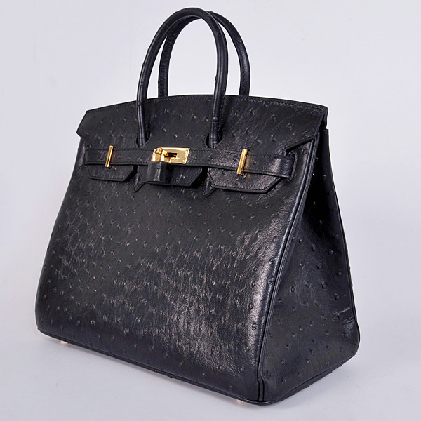 H35BOSG Hermes Birkin 35CM Nero Struzzo strisce di cuoio (oro)